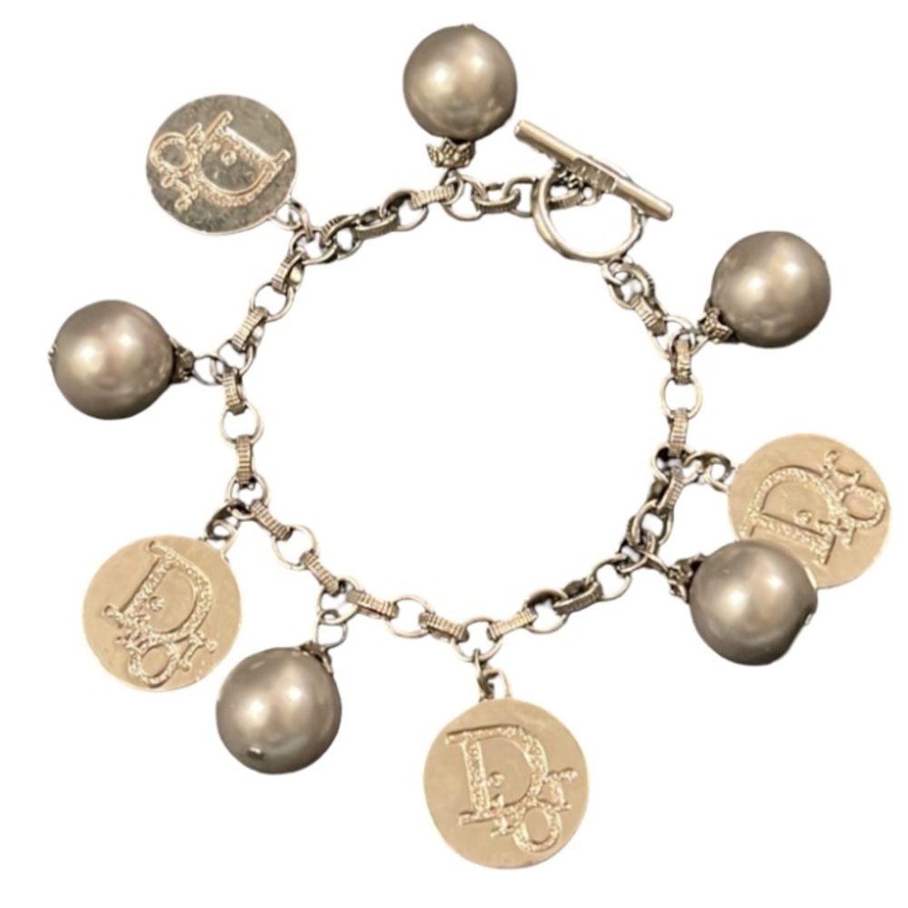 Dior Sterling Silver & Glass Pearl Logo Tag Charm Chain Bracelet